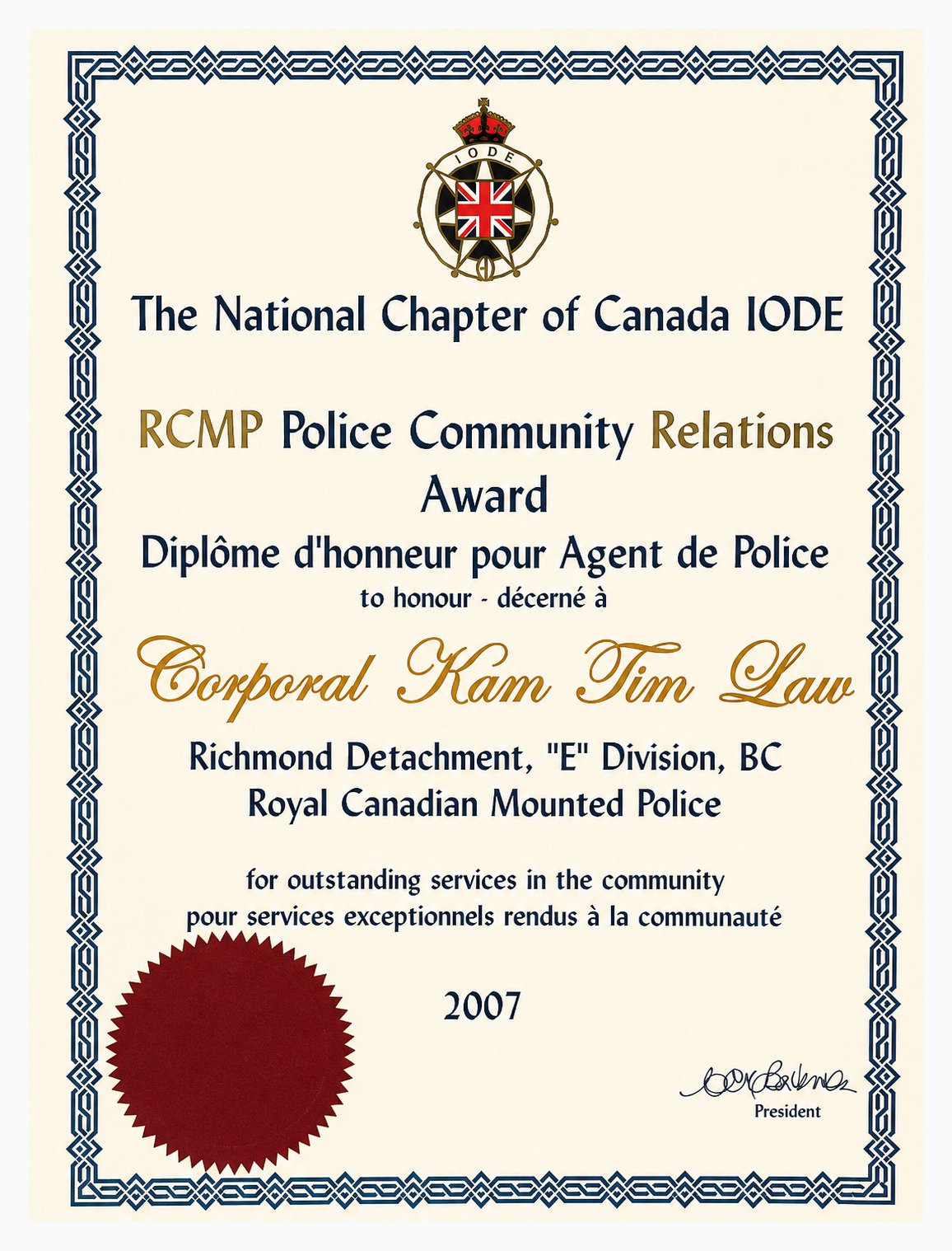 National Chapter of Canada IODE RCMP Police Community Relations Award certificate