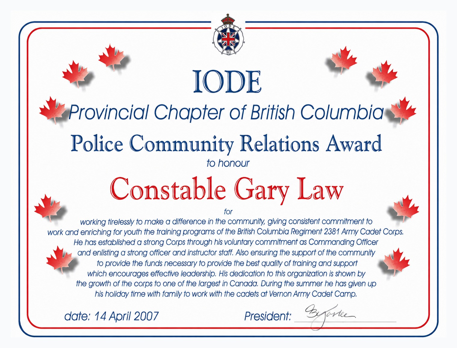 IODE Provincial Chapter of British Columbia Police Community Relations Award certificate